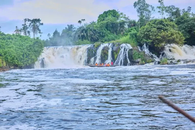 Lobé Falls in Kribi, Cameroon – a rare waterfall flowing directly into the Atlantic Ocean, included in Daring Adventures Cameroon tour